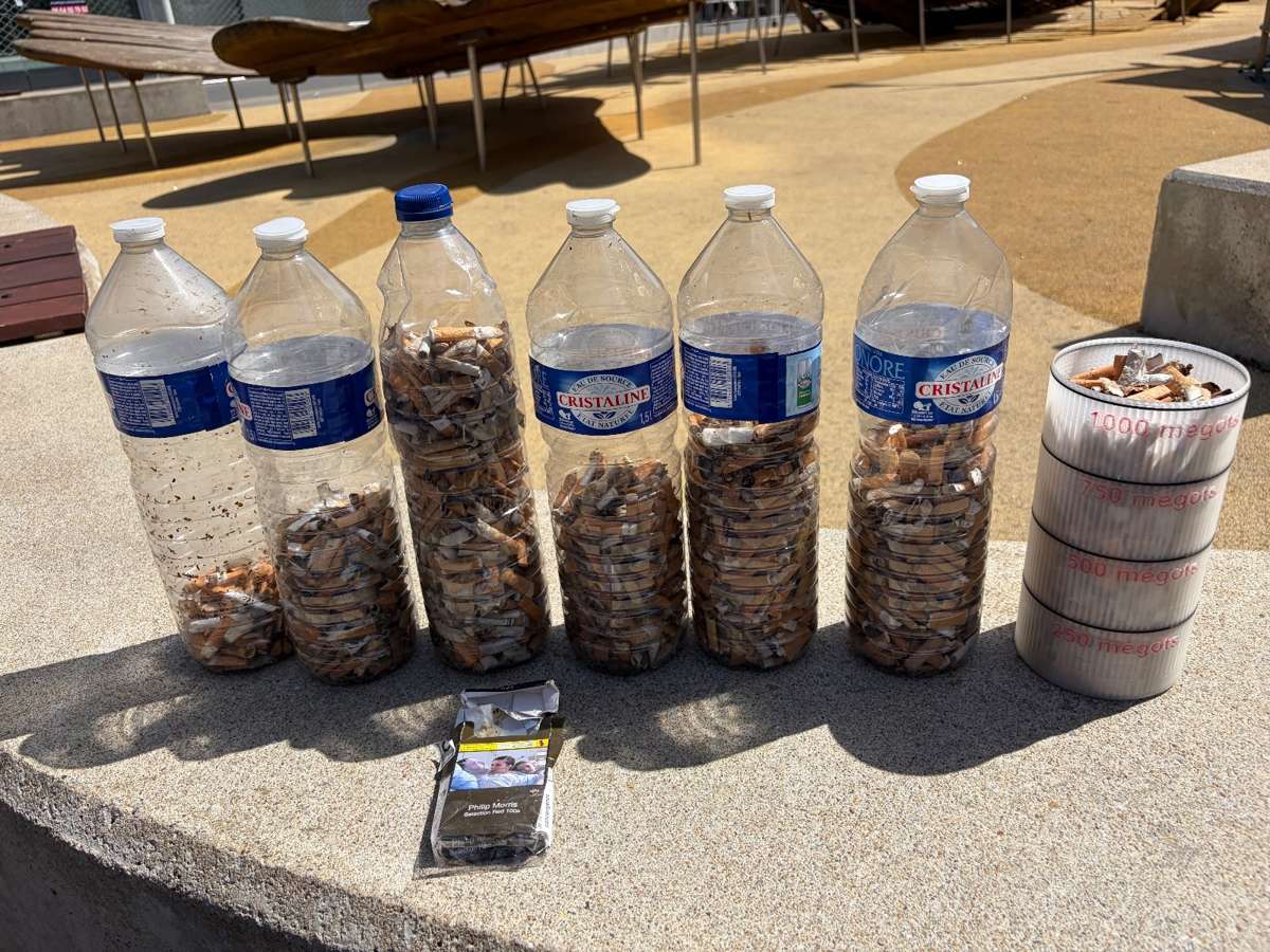 Six bouteilles remplies de mégots ramassés, posées sur un muret.